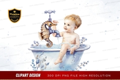 Baby in bath with seahorse faucet clipart png Product Image 1
