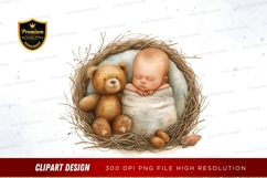 Sleeping baby and teddy bear in a nest Product Image 1