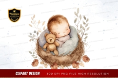 Sleeping baby in a nest with a teddy bear Product Image 1