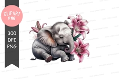 Baby elephant with pink lilies clipart png Product Image 1