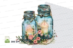 Blue mason jars with candles and flowers clipart png Product Image 1