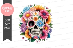 Vibrant sugar skull with flowers clipart png Product Image 1