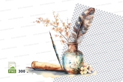 Watercolor illustration of feather, inkwell, and blossoms Product Image 1