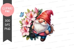 Cheerful gnome with flowers clipart png Product Image 1