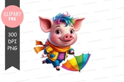 Cheerful pig with rainbow hair and umbrella Product Image 1