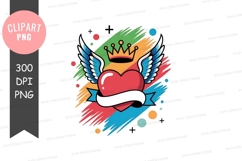 Colorful heart with wings and crown clipart png Product Image 1