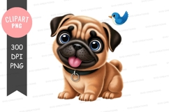 Playful pug puppy with blue bird clipart png Product Image 1