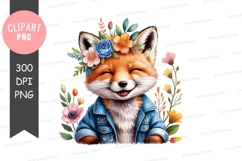 Happy fox with floral crown and denim jacket png Product Image 1