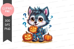 Cute cartoon wolf with pumpkins - clipart png Product Image 1