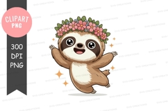Happy sloth with flower crown clipart png Product Image 1