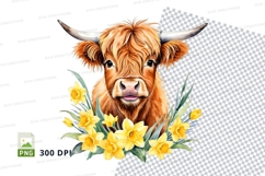 Portrait of a highland cow with daffodils Product Image 1