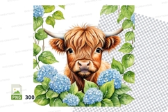 Charming highland cow with blue hydrangeas Product Image 1