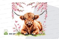 Serene highland cow with cherry blossoms Product Image 1