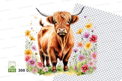 Highland cow in flower field clipart png Product Image 1