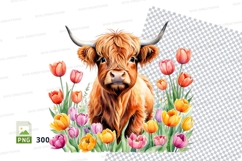 Cute highland cow with tulips clipart png Product Image 1
