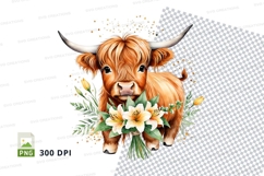 Adorable highland cow with flowers clipart png Product Image 1