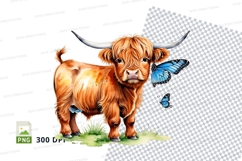 Cute highland cow with butterflies clipart png Product Image 1