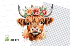 Decorative highland cow with floral crown clipart png Product Image 1