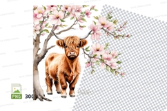 Cute highland cow under blossoming tree clipart png Product Image 1