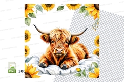 Cute highland cow with sunflowers clipart png Product Image 1