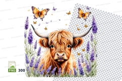 Highland cow with butterflies clipart png Product Image 1