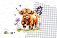 Cute highland cow with butterflies clipart png Product Image 1