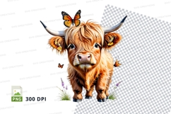 Cute highland cow with butterflies clipart png Product Image 1