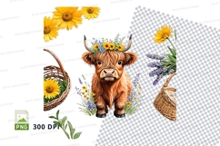 Highland cow with flowers clipart png Product Image 1