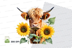 Highland cow with sunflowers clipart png Product Image 1