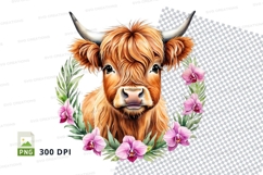 Highland cow with floral wreath clipart png Product Image 1