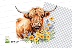 Highland cow with flowers clipart png Product Image 1