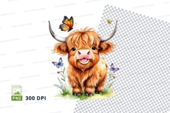 Cute highland cow with butterflies clipart png Product Image 1