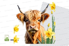 Cute highland cow with daffodils clipart png Product Image 1