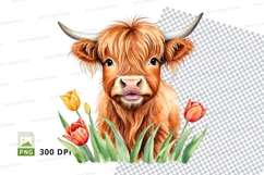 Cute highland cow with tulips clipart png Product Image 1