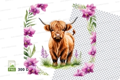 Cute highland cow calf with flowers clipart png Product Image 1