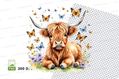 Cute highland cow with butterflies clipart png Product Image 1
