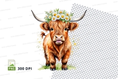 Cute highland cow with daisy crown clipart png Product Image 1