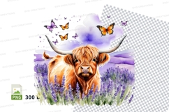 Highland cow in lavender field clipart png Product Image 1