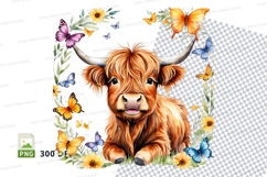 Cute highland cow with butterflies clipart png Product Image 1