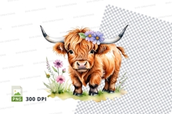 Highland cow with flowers clipart png Product Image 1
