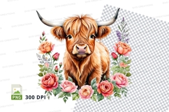 Cute highland cow with flowers clipart png Product Image 1