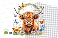 Highland cow with butterflies clipart png Product Image 1