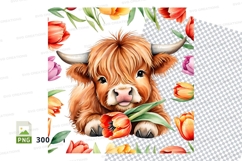 Cute highland cow with tulips clipart png Product Image 1