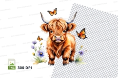 Cute highland cow with butterflies clipart png Product Image 1