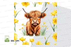 Cute highland cow calf with yellow flowers clipart png Product Image 1