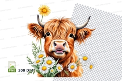 Cute highland cow with daisies clipart png Product Image 1