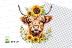 Highland cow with sunflowers clipart png Product Image 1