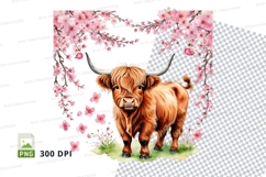 Highland cow with cherry blossoms clipart png Product Image 1