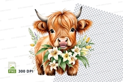 Cute highland cow with flowers clipart png Product Image 1