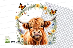 Highland cow with floral wreath clipart png Product Image 1